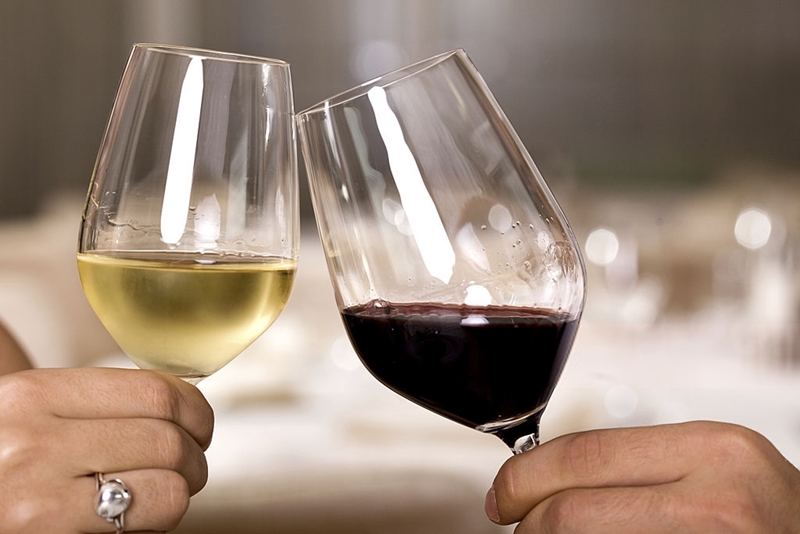 Dos copas de vino, una de vino blanco, la otra de vino tinto