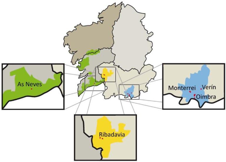 Mapa de localización de las primeras bodegas en Galicia en el siglo I