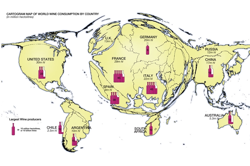 Cartograma de consumo y producción mundial de vino