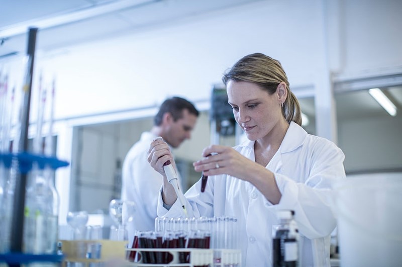 Científicos en laboratorio estudiando propiedades del vino