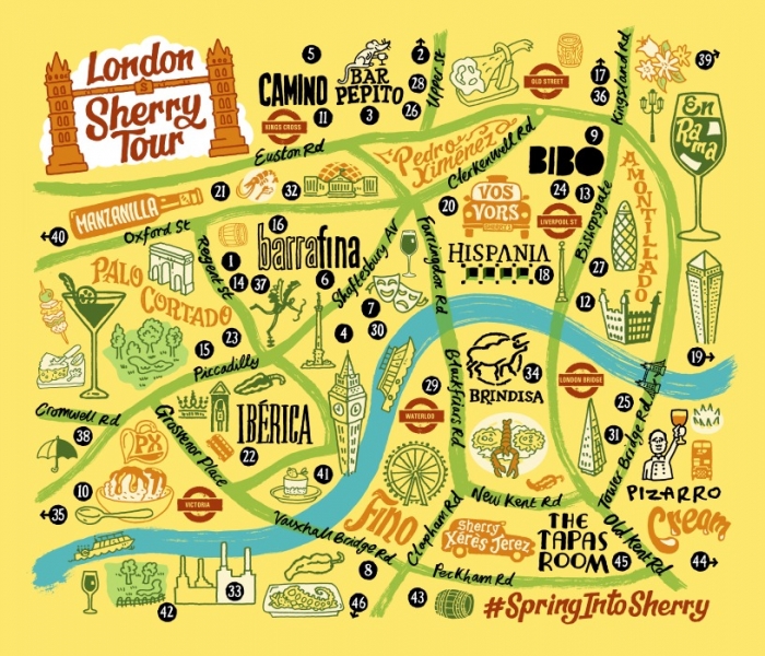 Plano de locales del London Sherry Tour