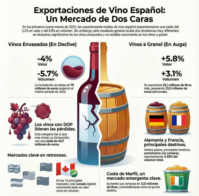 Las exportaciones españolas de vino caen un 2,2 por ciento hasta septiembre de 2025 y el granel resiste al descenso