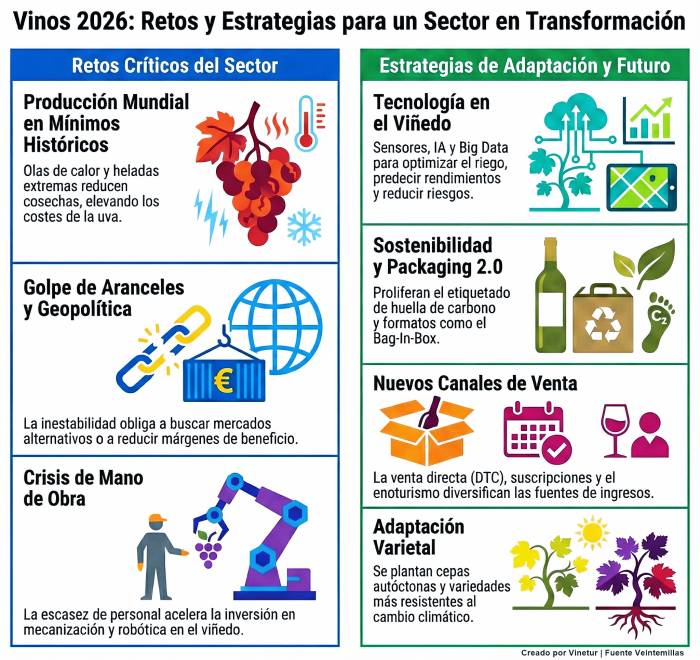 El sector del vino afronta en 2026 una caída histórica de producción y polarización de precios según el informe Veintemillas