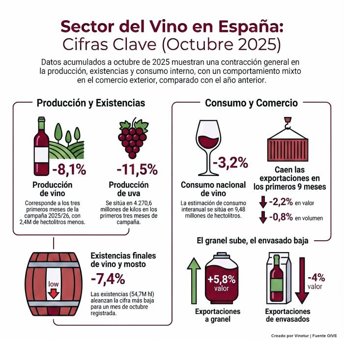 La producción de vino en España cae un 8,1 y las existencias marcan mínimos históricos