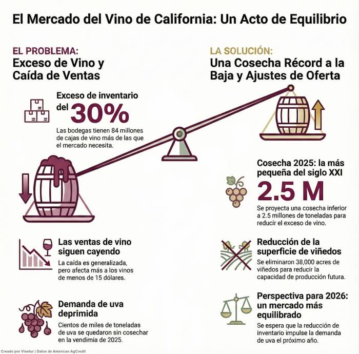 El exceso de vino en Estados Unidos alcanza 84 millones de cajas y fuerza la menor cosecha del siglo XXI