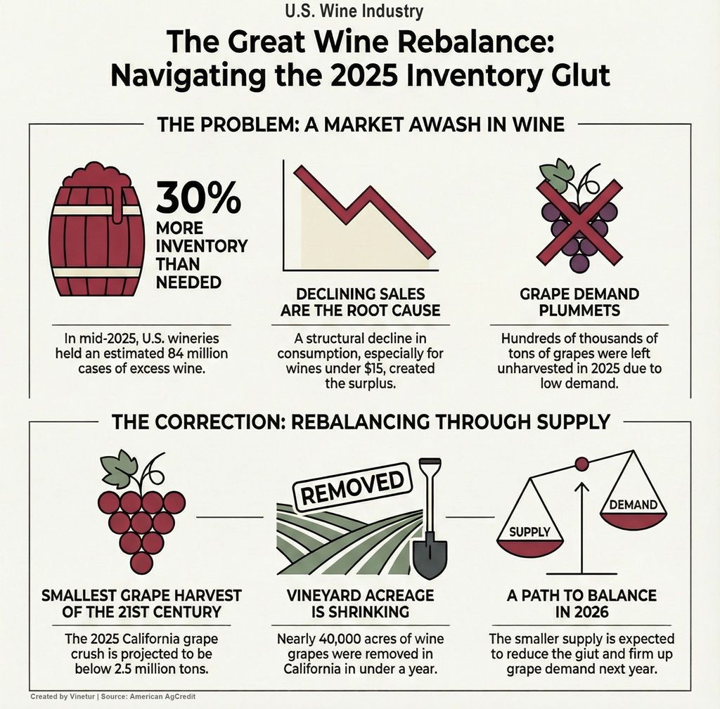 U.S. Wineries Face 84 Million Case Wine Glut as Sales Drop 10% and Exports Plunge