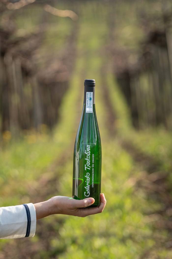 Una mano sujetando una botella de vino txacoli en un verde viñedo