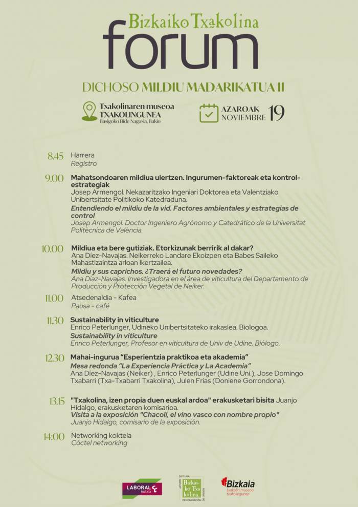 El mildiu desafía la sostenibilidad del viñedo vasco en el Forum Laboral Kutxa de Bizkaiko Txakolina