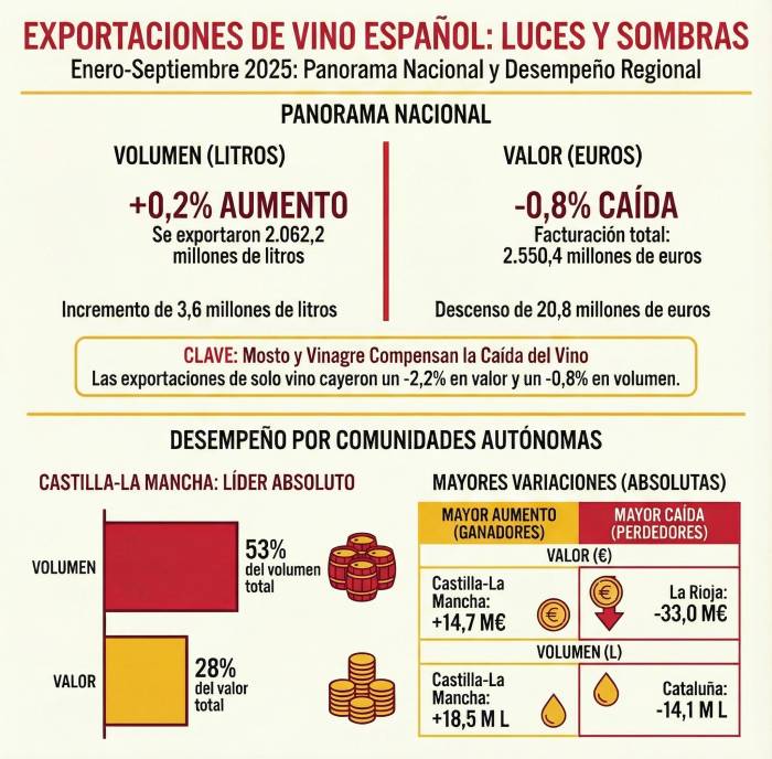 Spain’s Wine Exports Drop 0.8% in Value Despite 2.1% Growth From Castilla-La Mancha