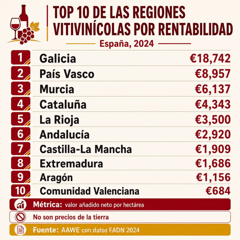 Galicia generated Spain’s highest vineyard value in 2024 at €18,742 per hectare.