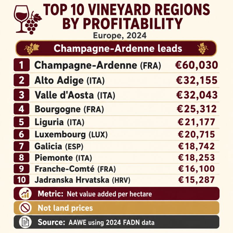 Champagne-Ardenne encabeza Europa en valor económico neto por hectárea de viñedo