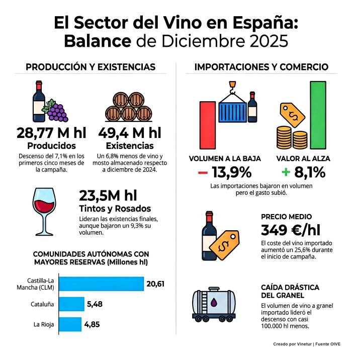 La producción de vino en España cae un 10,3% y marca mínimos en existencias y consumo