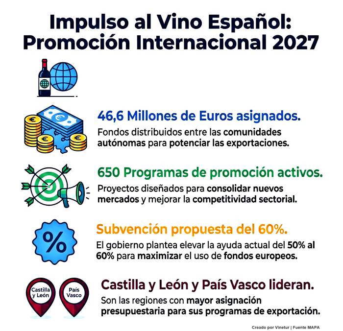 El Gobierno reparte 46,6 millones para impulsar el vino español en mercados internacionales en 2027