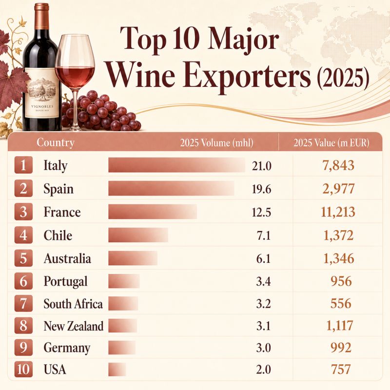 Le esportazioni mondiali di vino sono calate nel 2025