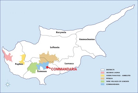 Regiones vitivinícolas de Chipre. Commandaria es la sombreada en celeste.