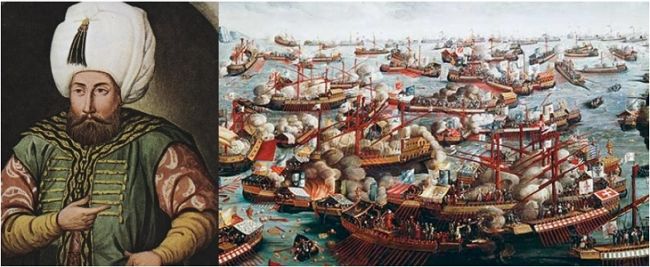 Selim II, sultán del Imperio Otomano y a su lado la batalla de Lepanto.