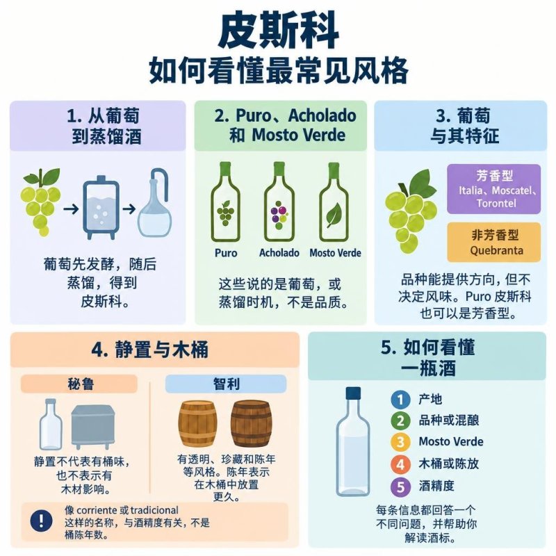 这张信息图用三个关键点解释皮斯科:葡萄、蒸馏时机,以及木材在秘鲁和智利语境中的作用。