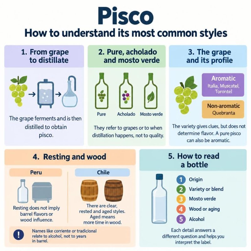 Infographic explaining pisco through three keys: grapes, distillation timing and the role of wood in Peru and Chile.