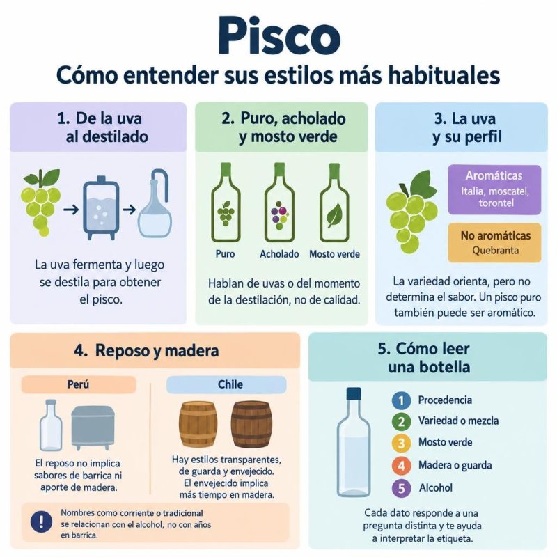 Infografía que explica el pisco con tres claves: uvas, momento de destilación y papel de la madera en Perú y Chile.