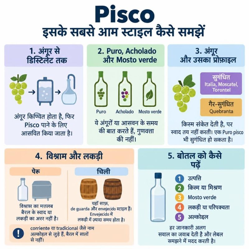 यह इन्फोग्राफिक पिस्को को तीन बातों से समझाता है: अंगूर, आसवन का समय और पेरू व चिली में लकड़ी की भूमिका।