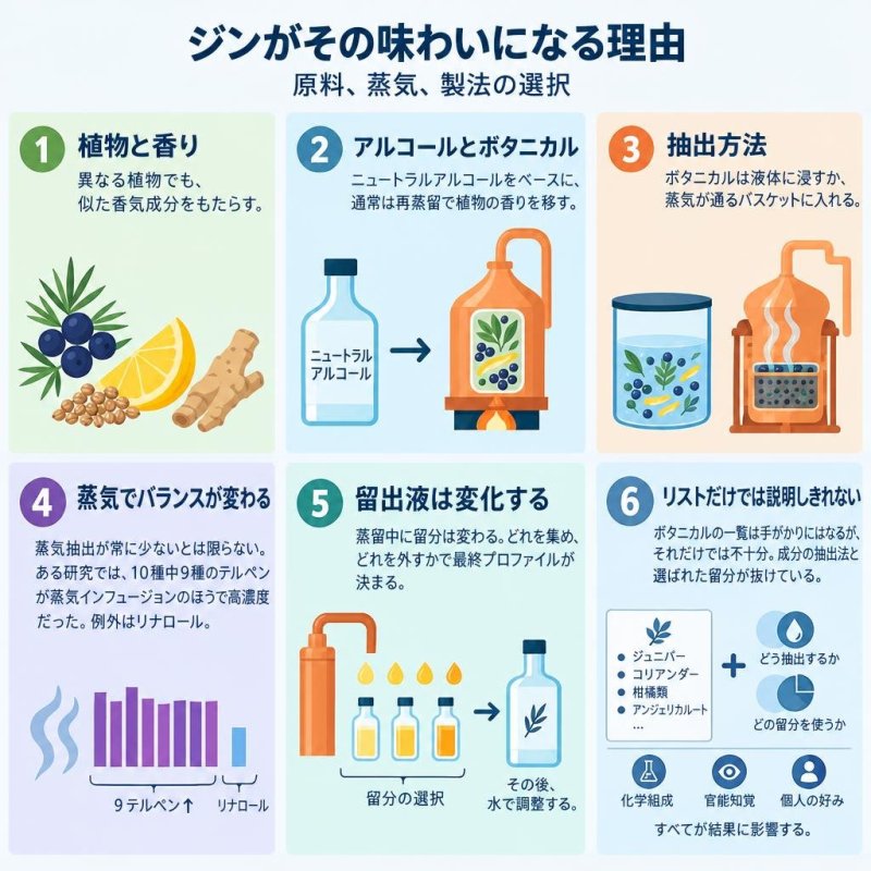 ボタニカル、抽出方法、留分の選び方が再蒸留ジンの香りを左右するしくみを示す簡潔な図。