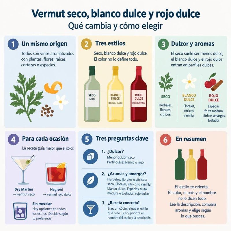 Infografía que compara vermut seco, blanco dulce y rojo dulce y recuerda que el color no basta para elegir.