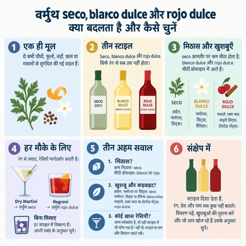 यह इन्फोग्राफिक dry, sweet white और sweet red vermouth की तुलना करता है और बताता है कि केवल रंग से चुनाव नहीं करना चाहिए।