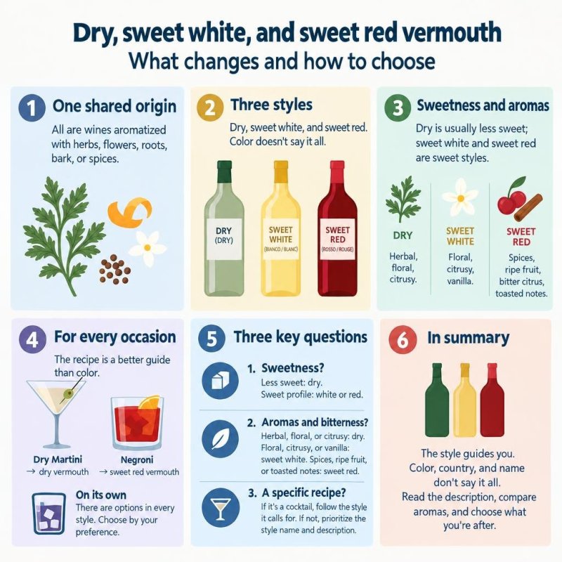 Infographic comparing dry, sweet white and sweet red vermouth, showing that color alone is not enough to choose.