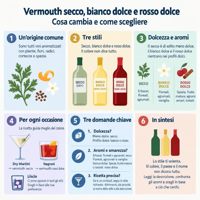 Infografica che confronta vermouth secco, bianco dolce e rosso dolce e ricorda che il colore non basta per scegliere.
