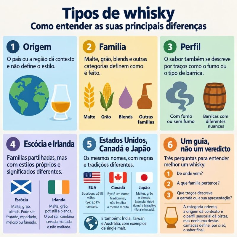Infográfico que separa origem, categoria e perfil sensorial para entender os tipos de whisky.