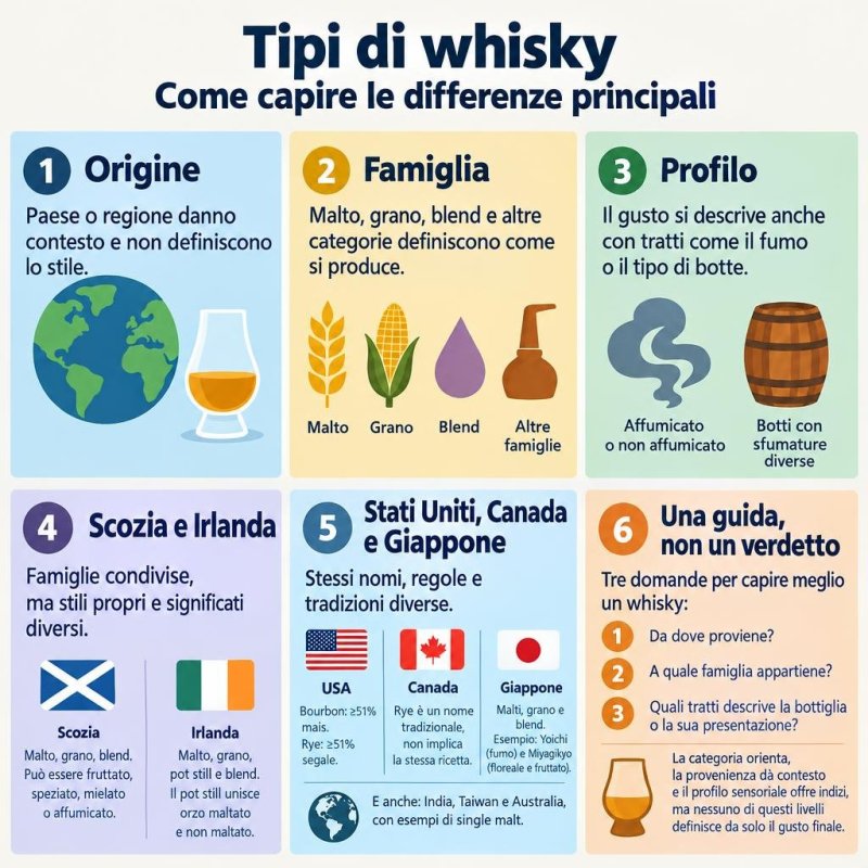 Infografica che separa origine, categoria e profilo sensoriale per capire i tipi di whisky.