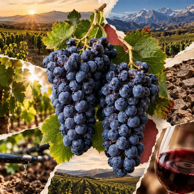 Collage de dos racimos de la misma variedad, viñedos con distinta luz y vegetación y dos copas de tinto con ligeras diferencias de color.