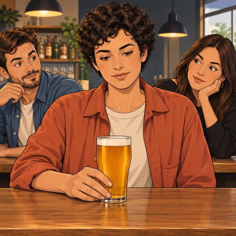 An adult with a glass of beer is watched by two people whose thought bubbles show different versions of that same person.