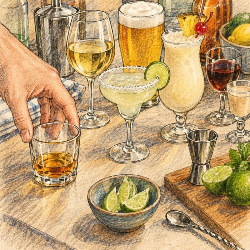 Eine Hand gießt eine kleine Menge Spirituose ein. Daneben stehen ein Glas Wein, ein Glas Bier und ein cremiger Cocktail mit Ananas und Kokosnuss.