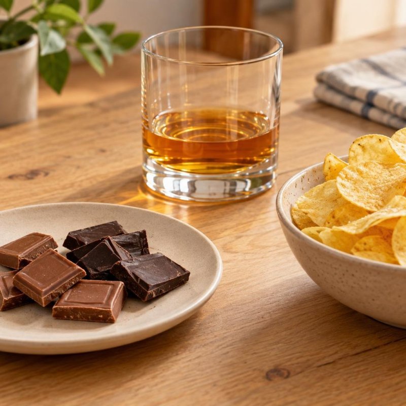 Um copo com uma pequena quantidade de uísque ao lado de pedaços de chocolate ao leite e amargo e de uma tigela de batatas chips com sal sobre uma mesa de madeira clara.