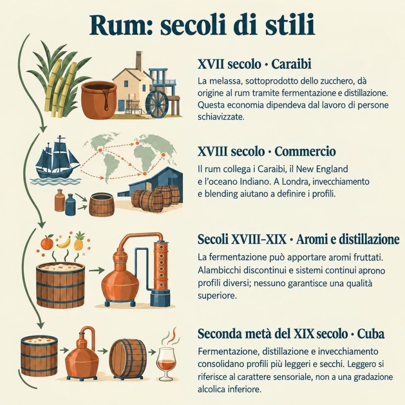 Una cronologia illustrata ripercorre la storia del rum dal XVII al XXI secolo: melassa caraibica, commercio, fermentazione e distillazione, profili cubani più leggeri, espansione del rhum agricole e coesistenza degli st