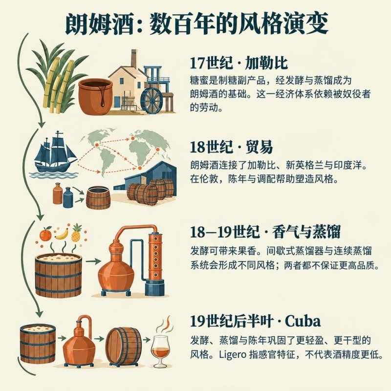 这幅插画时间线梳理了17至21世纪的朗姆酒历史,涵盖加勒比地区的糖蜜、贸易、发酵与蒸馏、古巴较轻盈的风格、rhum agricole的发展以及多种风格的并存。
