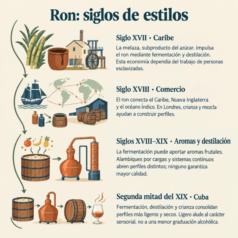 Una cronología ilustrada recorre la historia del ron del siglo XVII al XXI: melaza caribeña, comercio, fermentación y destilación, perfiles cubanos ligeros, expansión del rhum agricole y convivencia de estilos.