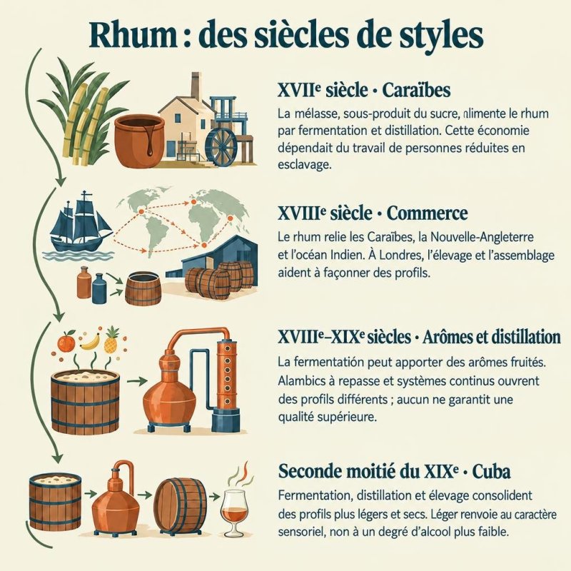 Une chronologie illustrée retrace l’histoire du rhum du XVIIe au XXIe siècle : mélasse caribéenne, commerce, fermentation et distillation, profils cubains plus légers, essor du rhum agricole et coexistence des styles.