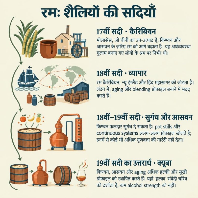 यह सचित्र समयरेखा 17वीं से 21वीं सदी तक रम का इतिहास दिखाती है। इसमें कैरिबियाई शीरा, व्यापार, किण्वन और आसवन, क्यूबा की हल्की स्वाद-शैलियाँ, rhum agricole का विस्तार और विभिन्न शैलियों का सह-अस्तित्व शामिल है।
