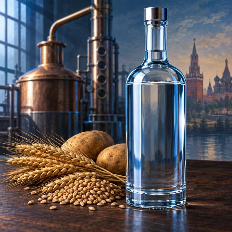 Illustration einer Wodkaflasche ohne Etikett neben Getreideähren, Körnern und zwei Kartoffeln; im Hintergrund stehen eine alte kupferne Brennblase und eine industrielle Rektifikationskolonne.