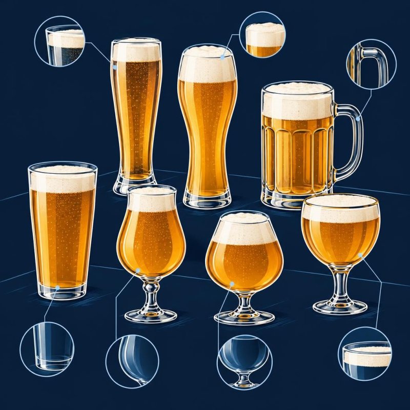 Ilustración técnica de siete vasos y copas para cerveza, con cortes que muestran sus aberturas, cuerpos, asas, tallos y espacio para la espuma.