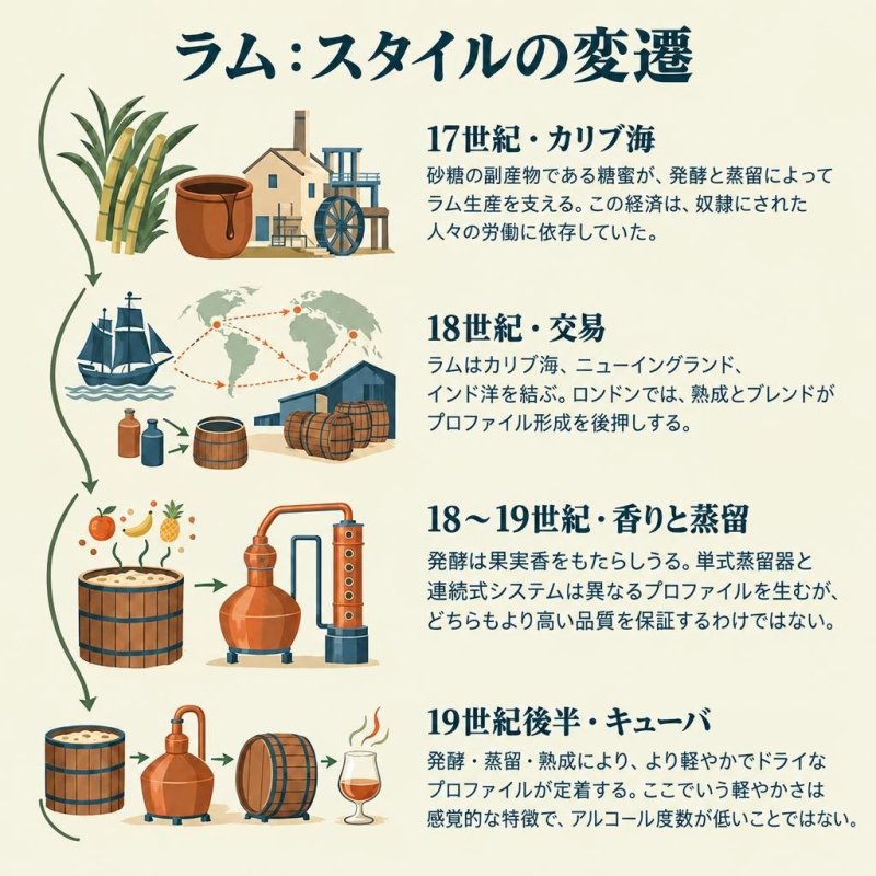 17世紀から21世紀までのラムの歴史をたどるイラスト年表です。カリブ海地域の糖蜜、交易、発酵と蒸留、キューバの軽やかな風味、rhum agricoleの広がり、多様なスタイルの共存を紹介します。