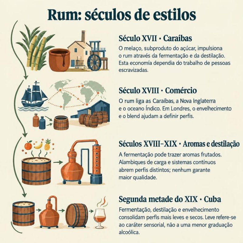 Uma cronologia ilustrada percorre a história do rum do século XVII ao XXI: melaço caribenho, comércio, fermentação e destilação, perfis cubanos mais leves, expansão do rhum agricole e coexistência de estilos.