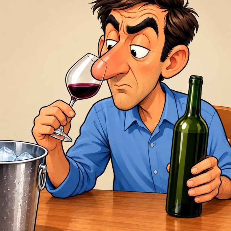 Caricatura di una persona che annusa un calice di vino con espressione dubbiosa, accanto a una bottiglia coperta di condensa e a un secchiello con ghiaccio.