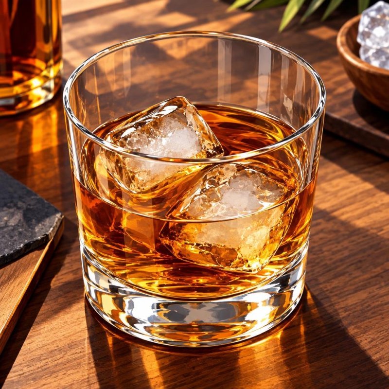 Illustration eines Glases mit bernsteinfarbenem Rum, teilweise geschmolzenen Eiswürfeln, Kondenswassertropfen und zarten goldenen Pinselstrichen über dem Rand.