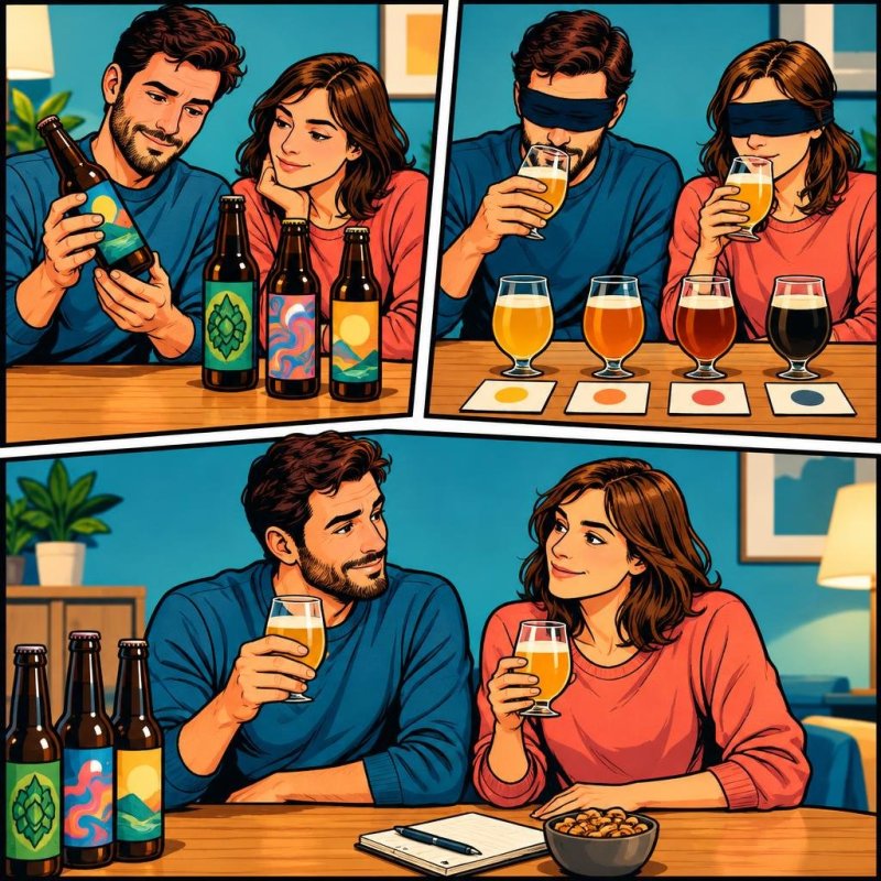Comic mit drei Bildern: Eine Person betrachtet zwei Bierflaschen, eine andere schenkt kleine Proben aus verdeckten Flaschen ein, und die erste probiert, ohne die Etiketten zu sehen.