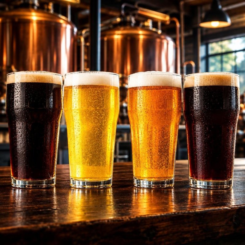Dois pares de copos, cada um com uma cerveja dourada e outra escura, diante de dois fermentadores em uma cervejaria.